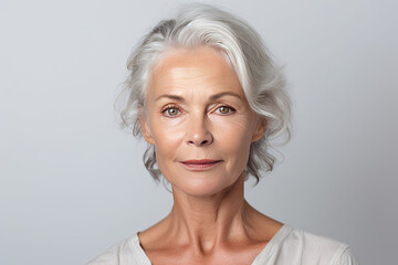 Fototapeta premium Beautiful gorgeous 50s mid aged mature woman looking at camera isolated on white. Mature old lady close up portrait. Healthy face skin care beauty, middle age skincare cosmetics. Generative Ai