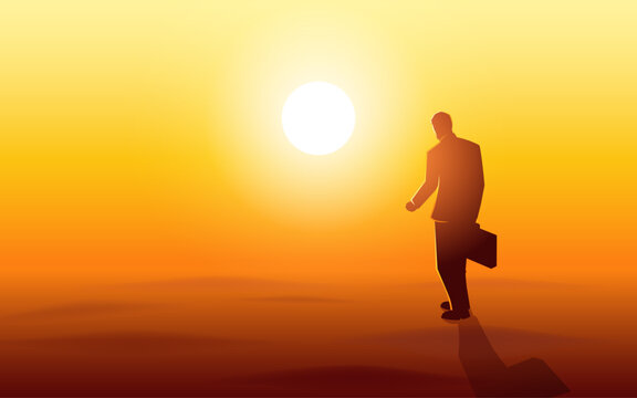 Journey into the unknown, discover the artistic allure of a silhouette illustration, showcasing a lone man with a suitcase walking across the vast desert