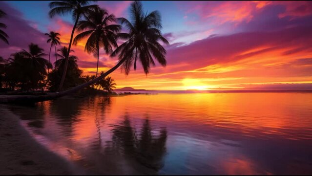 Ocean Sunrise, sunset view of Palm tree and tropical island beach, seamless loop footage. Never ending 4k video