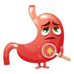 Stomach cancer. Cute cartoon stomach character with  face and emotion of sadness. Cancerous tumor under magnifying glass. Anatomical vector illustration.