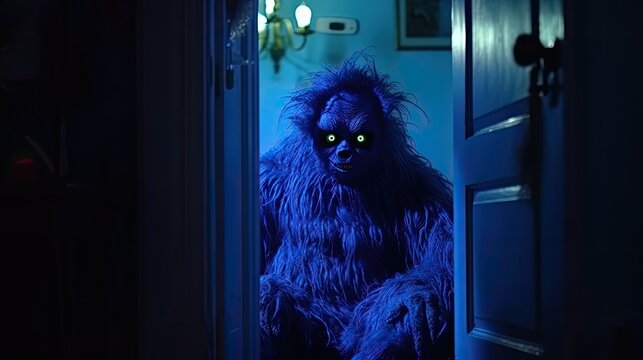 Behind the open door sits a scary ogre shaggy monster with glowing eyes. Facing your fear. Children's night terrors, dreams, fear. Fear of darkness concept. Illustration for cover, decor or print.
