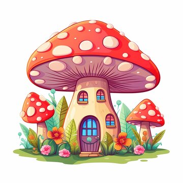 colorful cartoon mushrooms houses  in the grass isolated on white background