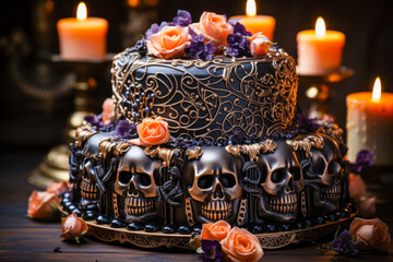 Halloween cake dessert, skulls and flowers, Day of the Dead, black with gold icing, candles, gourmet food