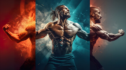 Fototapeta na wymiar Collage of strong athletic men on orange and blue background