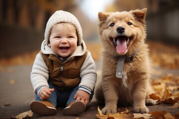 Happy baby playing with dog.