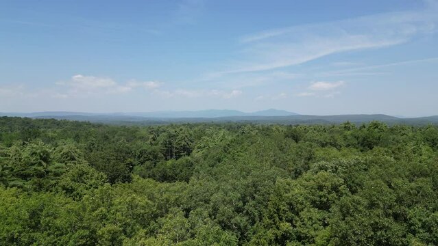 aerial view of catskills mountains in new york state (drone footage from above pan, panning, turning) 4k, 30fps (trees, hills, sky, clouds, sunset, sunrise) nature, beauty, new paltz, 360, side shot