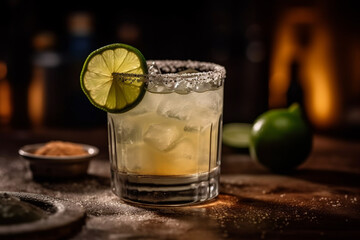 A classic margarita with salt rim and lime wedge, Drinks, bokeh 