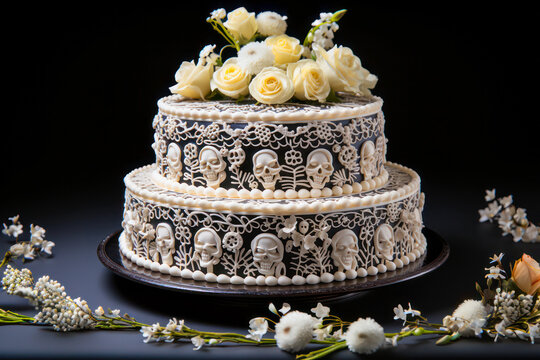Halloween cake dessert, skulls, flowers, Day of the Dead, black with white icing, gourmet food