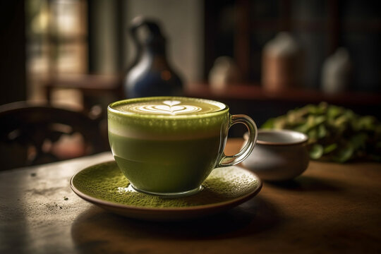 A creamy matcha latte with latte art, Drinks, bokeh 