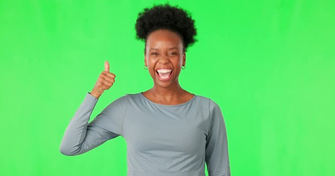 Decision, face and a black woman with a thumbs up on a green screen for marketing or feedback. Happy, portrait and an African person with a bad review or choice gesture for an opinion or comparison