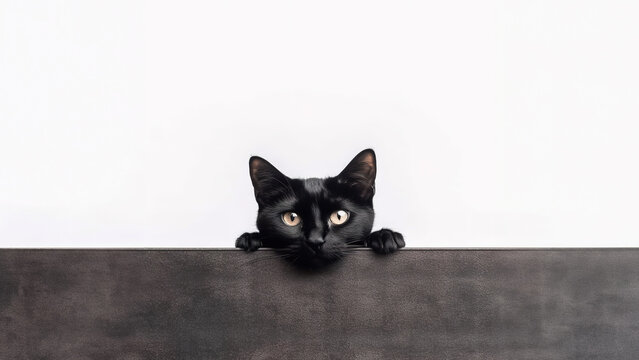 black cat peeking over a wall