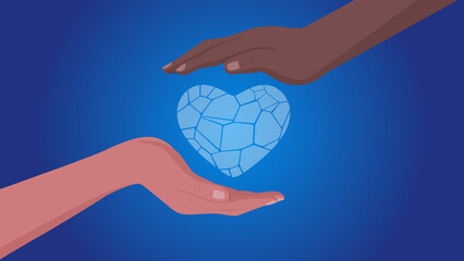 multicultural hands holding heart blue