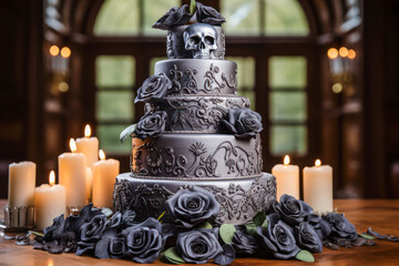 Halloween gothic skull tiered cake dessert, gray, gourmet food