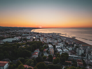 Fototapeta premium Italy, August 2023 - aerial view of Gabicce Mare and the Romagna coast with Cattolica, Misano, Riccione and Rimini