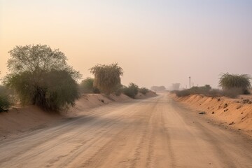 Fototapeta na wymiar alone on a dusty roadway, the sky above seems hazy. Generative AI