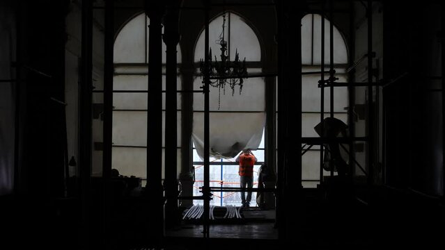 Scaffoldings in Sursock Palace destroyed by the port explosion Beirut Lebanon