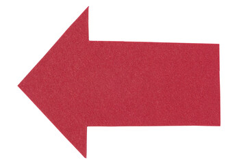 Obraz premium Dark red paper cardboard arrow symbol or left direction sign isolated on white or transparent background with copy space for text 