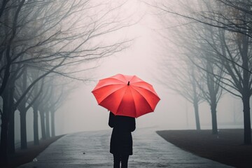 Walking in the Rain with a Red Umbrella Generative AI