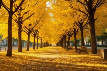 Urban Oasis City Park Transformed by Yellow Fall Leaves Generative AI