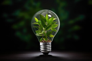 Eco-Friendly Lightbulb Made from Fresh Leaves (Top View): Concept of Renewable Energy and Sustainable Living Generative AI