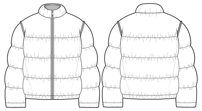 Puffer jacket design flat sketch Illustration front and back view vector template, Quilted  Puffa winter Jacket for men and women