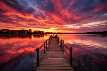 Fototapeta premium Tranquil Lake Scene: Sunset Pier with Boats Generative AI