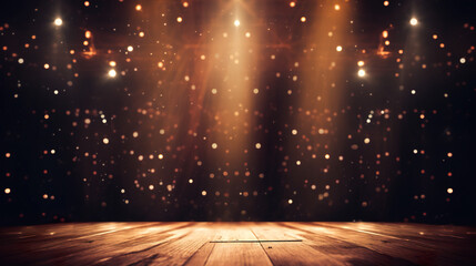 Empty wooden table with spotlights on background. Stage lights on background.