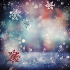 Magic blue holiday abstract glitter background with falling snowflakes. Blurred bokeh of Christmas lights. generative ai