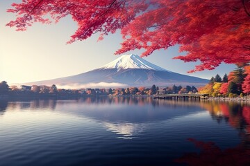 Captivating Autumn Beauty: Mount Fuji, Morning Fog, and Vibrant Leaves at Lake Kawaguchiko Generative AI