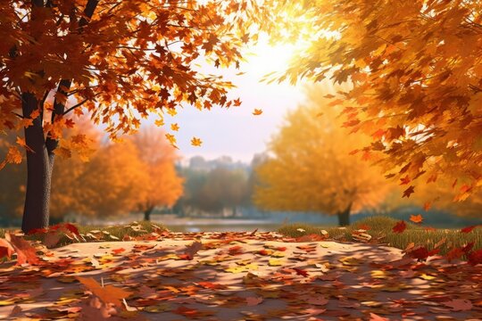 Vibrant Autumn Park: Colorful Foliage and Falling Leaves Generative AI
