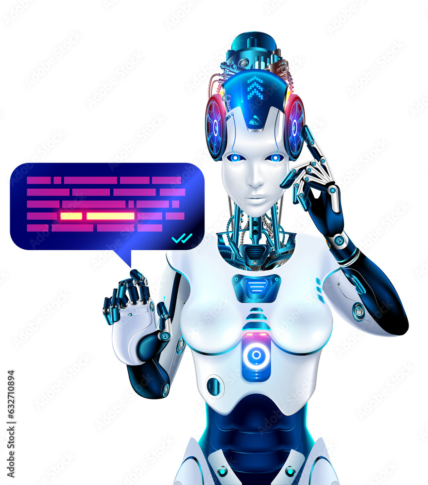 Poster Internet Bot chatgpt in image robot woman. online chatbot cyborg. AI chat bot gpt. Artificial intelligence internet technology