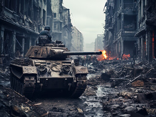 Fototapeta na wymiar Modern war tank advancing through a street littered with rubble, debris and destruction. generative AI