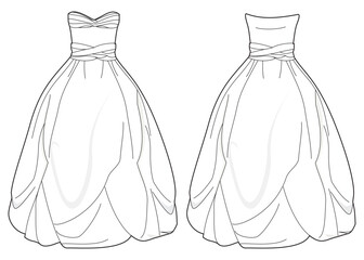 Sweetheart neck strapless ball gown wedding dress design flat sketch fashion illustration with front and back view, off shoulder wrapped bridal dress flat sketch cad drawing template