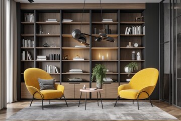 An example of a modern living room with Nordic furniture and a yellow armchair. Generative AI