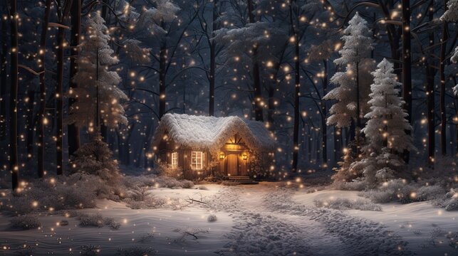 An enchanting photo of a snow-covered forest scene, with a charming wooden cabin, framed by winter foliage and twinkling lights, with space for text. Christmas card. Generative AI. 