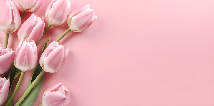 Tulips on pink surface greeting card. Woman's day, 8 march, Easter, Mother's day, anniversary, wedding
