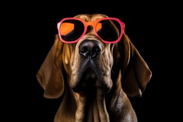 Portrait Bloodhound Dog With Sunglasses Black Background . Portrait, Bloodhound, Dog, Sunglasses, Black Background, Dark Shade, Sharp Features, Hip Look - obrazy, fototapety, plakaty