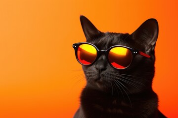 Portrait Bombay Cat With Sunglasses Orange Background . Orange, Background, Sunglasses, Cat, Bombay, Portrait, Photography, Style