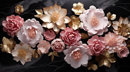 Obraz na płótnie Canvas An alluring image showcasing a dark marble background embellished with golden lotus patterns, accompanied by clusters of elegant baby pink peonies and golden roses. Wallpaper, fashion. Generated AI. 