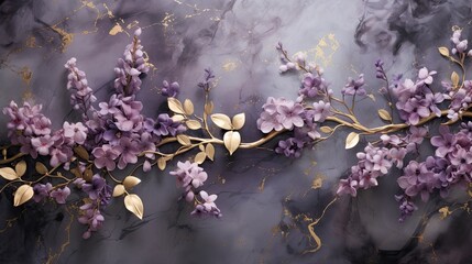 An artful composition featuring a dark marble background with delicate golden vines, complemented by clusters of enchanting lavender lilacs and golden daisies. Wallpaper, condolences. Generative AI.  - obrazy, fototapety, plakaty