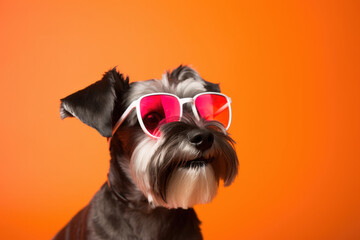 Portrait Miniature Schnauzer Dog With Sunglasses Orange Background . Sunglasses, Portrait Minis, Orange Backgrounds, Schnauzer Breeds, Grooming Tips, Trait Differences, Temperament, Health Risks
