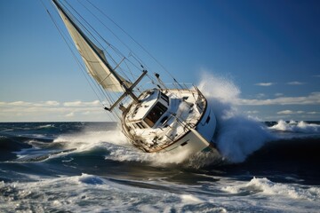 Sailboat Crashes In A Ocean Clear Sky . Sailboat, Ocean, Clearsky, Safety, Prevention, Damage, Rescue, Equipment - obrazy, fototapety, plakaty