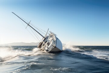 Sailboat Crashes In A Ocean Clear Sky. Ocean Safety, Sailboats, Rescue Efforts, Ocean Clarity, Sky Visibility, Maritime Regulations, Weather Conditions, Crash Statistics - obrazy, fototapety, plakaty