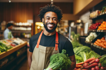 Joyful african american seller man working in vegetable shop. 