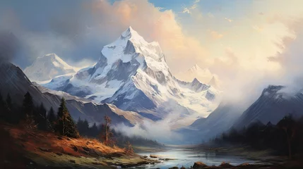 Keuken foto achterwand An expressive oil painting of a majestic mountain range, with swirling clouds and snow-capped peaks, conveying a sense of awe and grandeur. Wallpaper texture. Generative AI.  © Dannchez