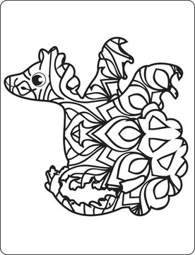 Dragon Mandala Coloring Pages for Kids. Hand drawn vector illustration with geometric and floral elements. Original hand drawn Dragon. Hand drawn decorative vector illustration for coloring
