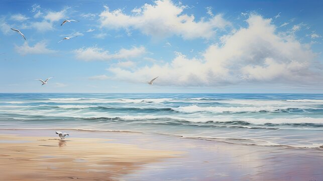 An oil painting of a serene seascape, with calm waters, a sandy beach, and seagulls soaring overhead, capturing the peacefulness of the ocean. Wallpaper texture. Backgrounds. Generative AI. 