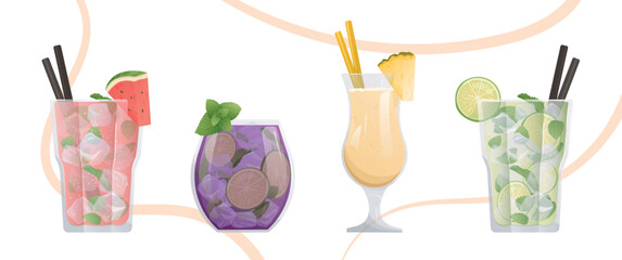 Set of different cocktails. Mojito, Manhattan, Pina Colada. Beach Holidays, summer vacation, party, cafe-bar, recreation concept. Vector illustration for banner, menu.