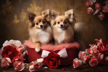 Two small dogs with long fur and pointed ears, sitting in a red box.