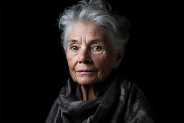 close-up portrait of a beautiful senior woman with gray hair a dark background. Self care and mental health concept. 